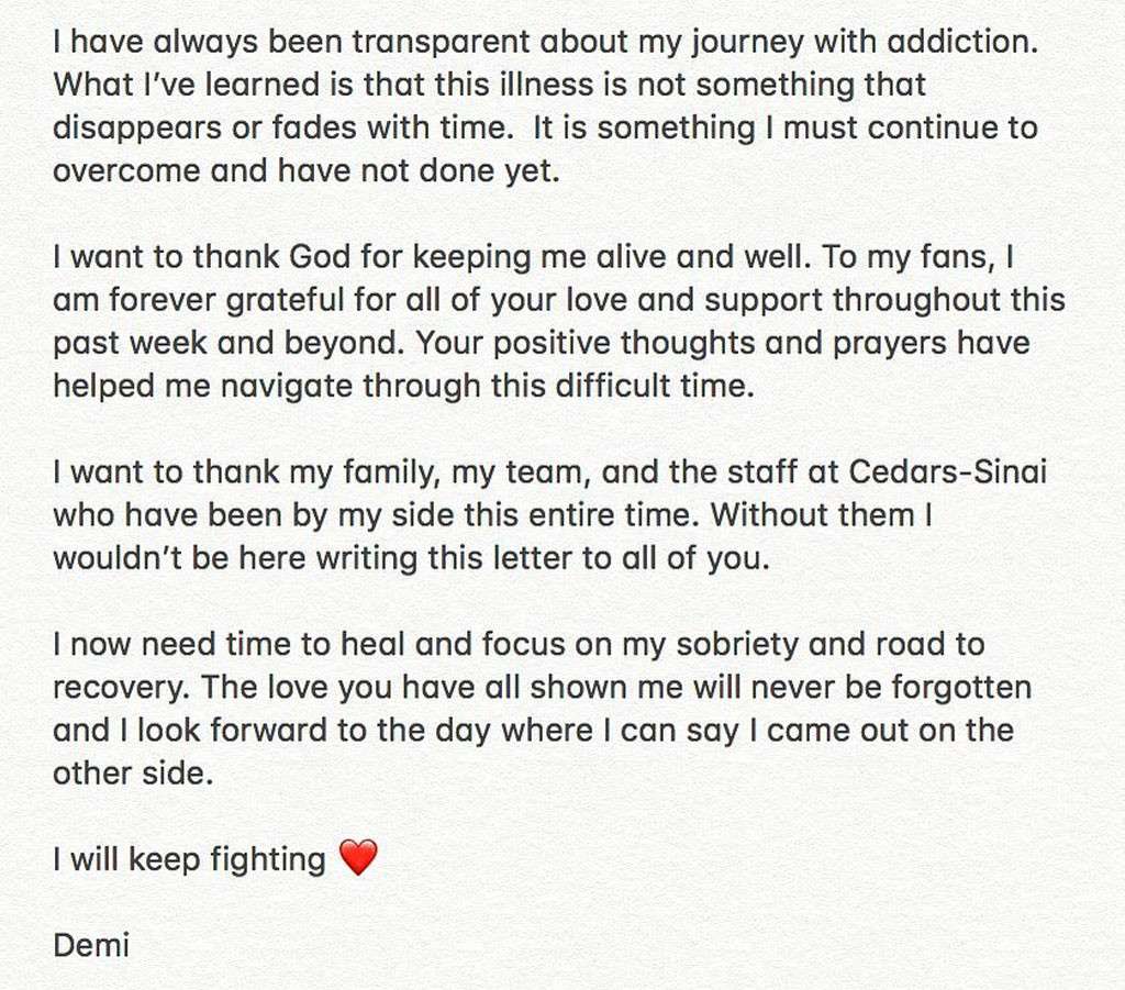 Demi Lovato Statement on Drug Overdose