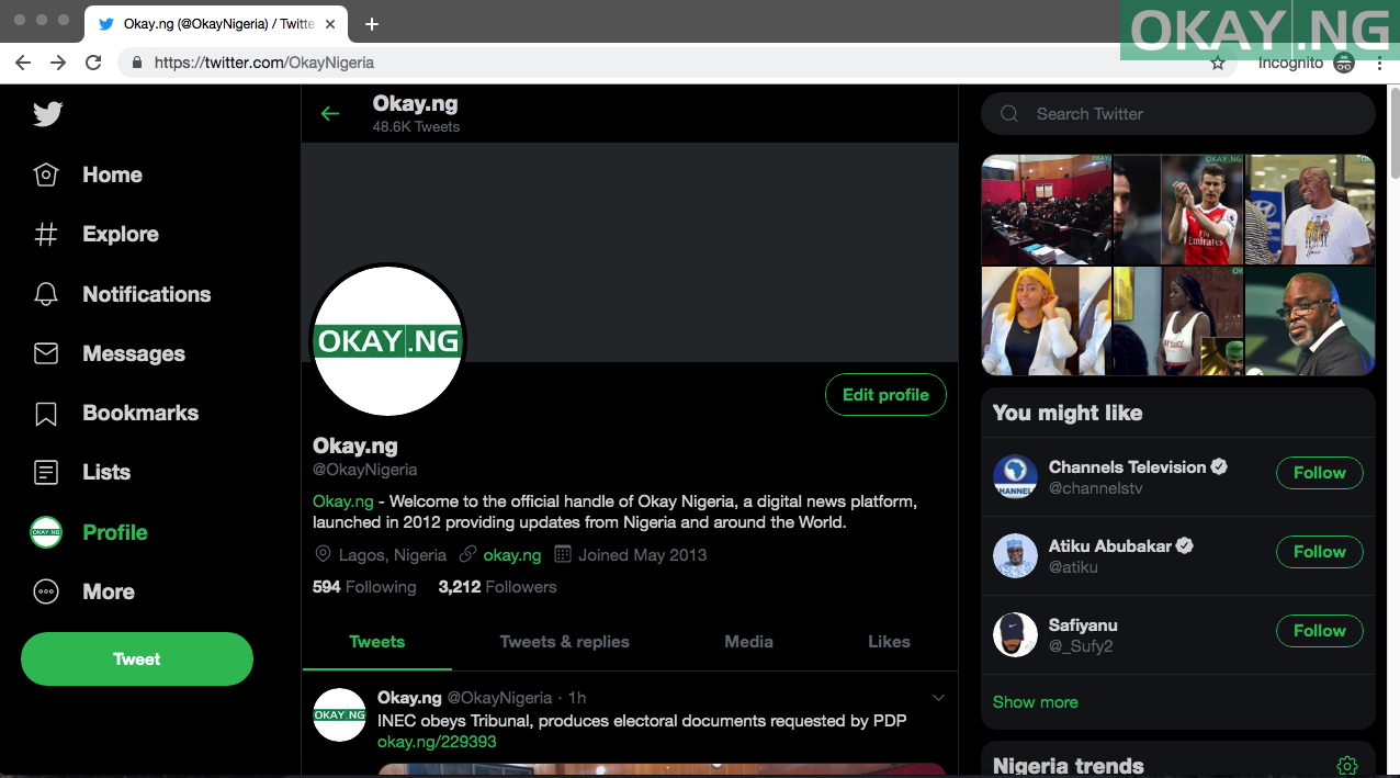 The new Twitter interface in dark mode (@OkayNigeria)