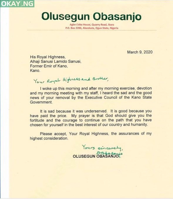 Obasanjo's open letter to Dethroned Emir Sanusi