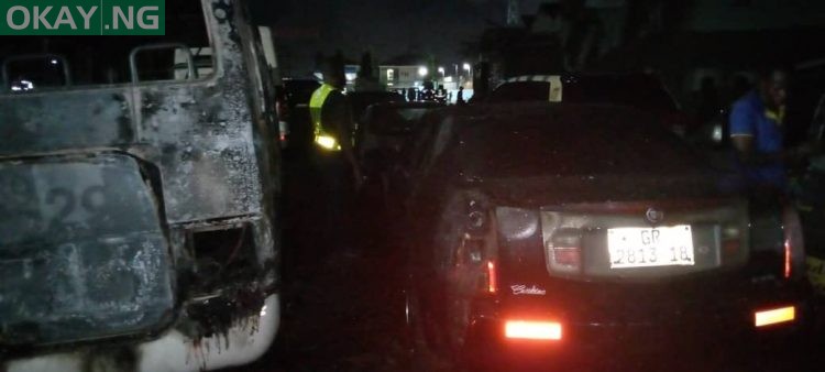 Vehicles affected by the fire at the hotel scene