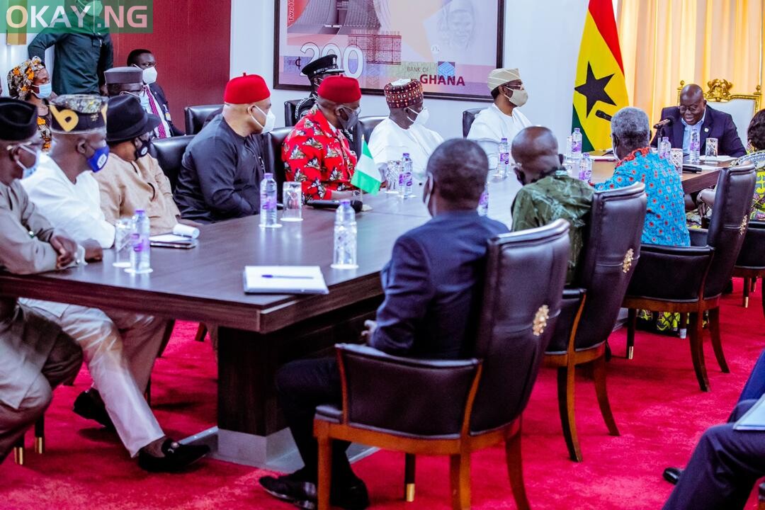 Speaker of the House of Representatives, Rep. Femi Gbajabjamila (extreme left) and a delegation of Nigerian lawmakers in a meeting with the President of the Republic of Ghana, Nana Akufo-Ado (extreme right) and some senior members of the Ghanaian government to resolve some issues between Nigeria and Ghana in Accra on Thursday, 3 September, 2020.