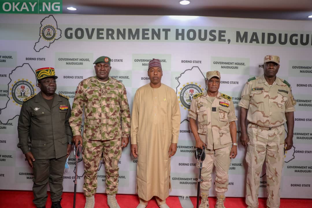 Governor Babagana Zulum with Cameroonian military delegation on Thursday in Maiduguri, Borno state capital