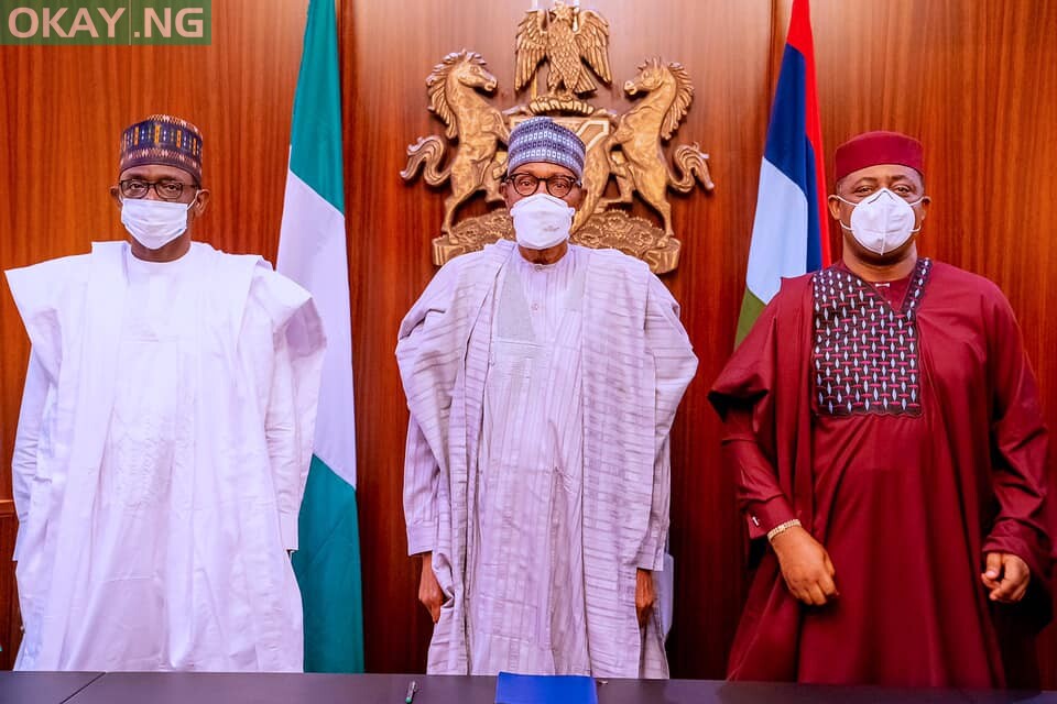 Caretaker Committee Chairman of the ruling All Progressives Congress APC, Mai Mala Buni present Femi Fani-Kayode to President Muhammadu Buhari on 16th Sep 2021,