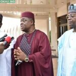 From left: Chairman APC Caretaker Committee, Gov Mai Mala Buni of Yobe; Former Minister of Aviation, Femi Fani-Kayode and Gov Bello Matawelle of Zamfara briefing State House Correspondents after their meeting with the President Muhammadu Buhari on the defection of Fani-Kayode to the APC at the Presidential Villa in Abuja on Thursday on 16 September 2021.