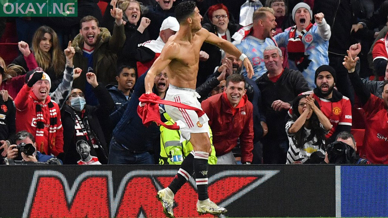 Manchester United’s Portuguese striker Cristiano Ronaldo celebrates scoring his team’s second goal during the UEFA Champions league group F football match between Manchester United and Villarreal at Old Trafford stadium in Manchester, north west England, on September 29, 2021. Manchester United won the match 2-0. Anthony Devlin / AFP