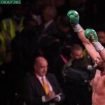 WBC heavyweight champion Tyson Fury of Great Britain reacts after his victory against US challenger Deontay Wilder in the 11th round of the fight for the WBC/Lineal Heavyweight title at the T-Mobile Arena in Las Vegas, Nevada, October 9, 2021. (Photo by Robyn Beck / AFP)