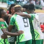 Super Eagles players celebrate after Victor Osimhen netted Nigeria's second goal against Central African Republic