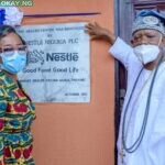 Corporate Communications and Public Affairs Manager, Nestlé Nigeria Mrs. Victoria Uwadoka and Chairman, Royal Initiative for the Development of Sagamu Community (RIDSCO), Olootu Omoba Oyedele during the commissioning of the newly renovated Ajaka Health Center in Shagamu, Ogun State.