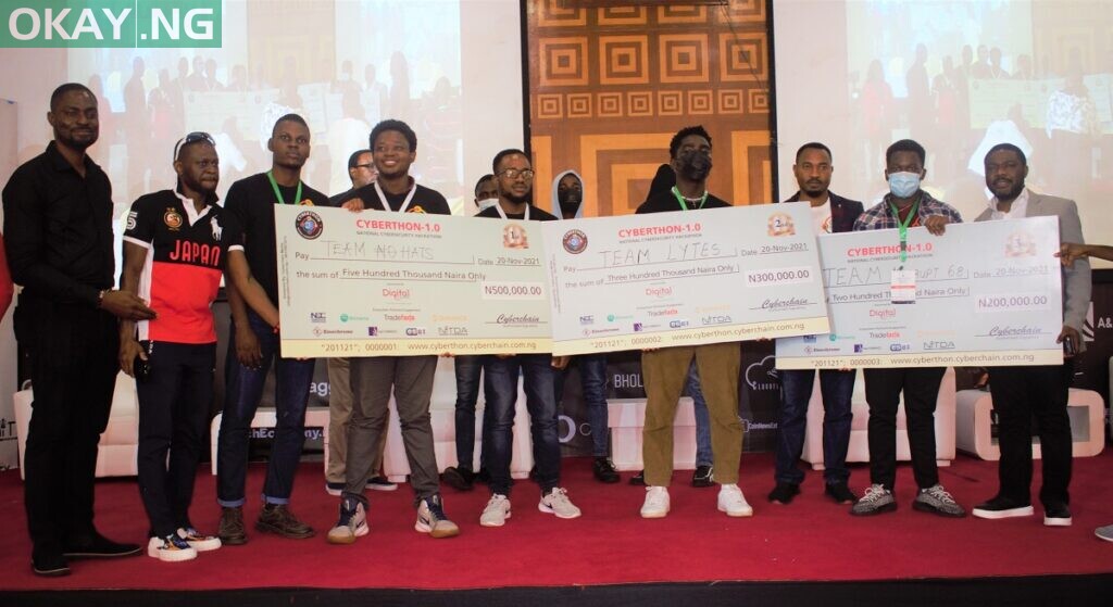 The winners in a group photograph with the Co-Founders of Digital Encode and the Convener of Cyberchain Conference 2021