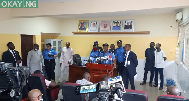 Force spokesman, Frank Mba, speaking during the parade of the suspects.