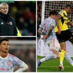 A photo collage showing a distraught Cristiano Ronaldo, Ole Gunnar Solskjaer, and Watford’s Brazilian striker Joao Pedro (C) scoring his team’s third goal during the English Premier League football match between Watford and Manchester United at Vicarage Road Stadium in Watford, southeast England, on November 20, 2021. Ian KINGTON / AFP