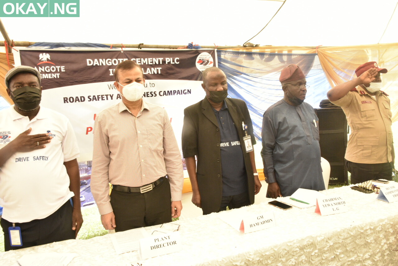 L-R, Dangote Cement PLC, Senior General Manager Community Affairs and Environment, Engr. Tukur Lawal, Dangote Cement Ibese Plant Director, Azad Nawabuddin, General Manager Human Resources/Administration Dangote Cement Ibese Plant, Abu Sufyan, Chairman Yewa North local government area, Hon. Ogunyomi Gabriel, Assistant Corp's Commander Caleb S. Yerima, Unit Commander Itori Command, represent the Sector Commander Ogun state Command,at the Dangote Cement Ibese Plant Road Safety Awareness Campaign Lecture at Ibese Plant on Thursday 10th December 2021.