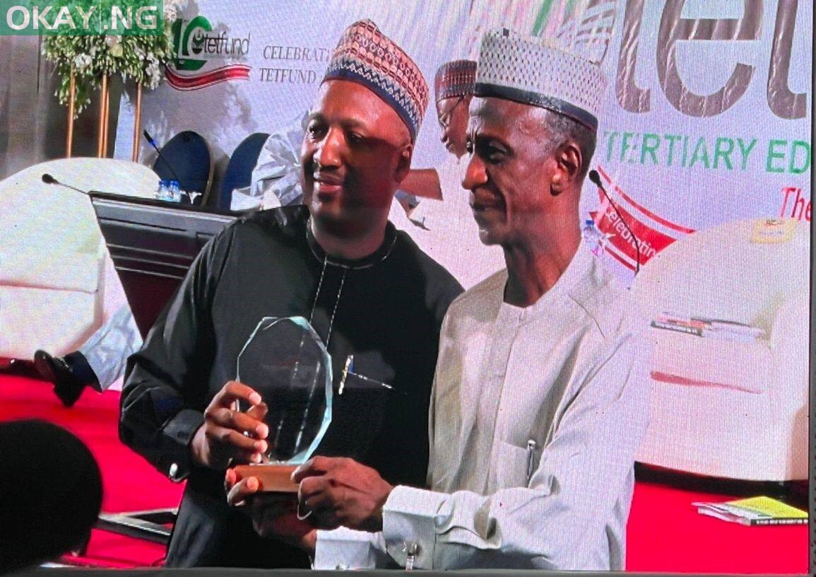 Manager, Policy and Advocacy, Shell companies in Nigeria, Abubakar Ahmed (left), and the Executive Secretary, Tertiary Education Trust Fund (TETFund), Prof. Suleiman Bogoro, at the presentation of a recognition award to the Shell Nigeria Exploration and Production Company Limited (SNEPCo) during the 10th anniversary celebration of TETFund in Abuja, recently. SNEPCo was recognised for its cconsistent contributions towards the growth of public tertiary education in Nigeria.