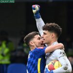 Chelsea’s Spanish goalkeeper Kepa Arrizabalaga (R) celebrates with Chelsea’s Italian midfielder Jorginho (L) after saving a late penalty kick from Plymouth’s Scottish striker Ryan Hardie (not pictured) during the English FA Cup fourth round football match between Chelsea and Plymouth Argyle at Stamford Bridge in London on February 5, 2022. Glyn KIRK / AFP