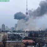 This handout picture released on the Facebook page of the Ukrainian Interior ministry on March 1, 2022 show the smoke after a missile attack targeting the Ukrainian capital’s television centre in Kyiv. UKRAINIAN INTERIOR MINISTRY PRESS SERVICES / AFP