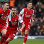 Arsenal’s Brazilian striker Gabriel Martinelli (L) celebrates after scoring his team third goal during the English Premier League football match between Watford and Arsenal at Vicarage Road Stadium in Watford, north-west of London on March 6, 2022. Adrian DENNIS / AFP