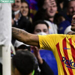 Barcelona’s Gabonese midfielder Pierre-Emerick Aubameyang celebrates after scoring a goal during the Spanish League football match between Real Madrid CF and FC Barcelona at the Santiago Bernabeu stadium in Madrid on March 20, 2022. JAVIER SORIANO / AFP