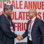 Prof. Umar Garba Danbatta, outgoing Chairman, West African Telecommunications Regulators Assembly (WATRA)/Executive Vice Chairman, Nigerian Communications Commission (NCC), and Mr. Sekou Oumar Barry. Danbatta hands over to Mr. Barry, the new WATRA Chairman, during the 19th Annual General Meeting of the Assembly in Conakry, Republic of Guinea recently.