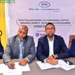 L-R: Chief Executive Officer, Stanbic IBTC Capital, Funso Akere; Chief Financial Officer, MTN Nigeria Communications Plc, Modupe Kadri; Chief Executive Officer, MTN Nigeria Communications Plc, Karl Olutokun Toriola and Chief Executive Officer, Stanbic IBTC Bank, Demola Sogunle, at the Signing Ceremony of its N127 Billion Series 1 & 2 Commercial Paper Issuance on Monday, April 25, 2022.