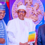 President Buhari receives a presentation from President and Executive Vice Chairman, Microsoft Corporation Brad Smith alongside Hon. Minister of Communication and Digital Economy Isa Ali Ibrahim Pantami during his audience with President of Microsoft Corporation in State House on 1st April 2022.