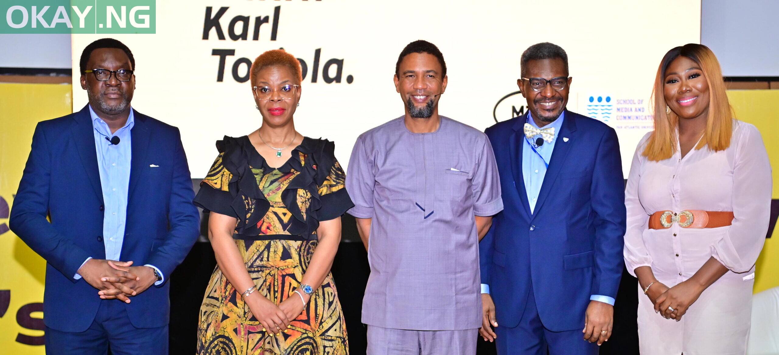 L-R: Publisher, The Culture Newspaper, Steve Ayorinde; Vice Chancellor, Pan-Atlantic University, Prof. Enase Okonedo; Chief Executive Officer, MTN Nigeria, Karl Olutokun Toriola; Dean, School of Media and Communication, Pan-Atlantic University, Lagos, Dr. Mike Okolo, and Co-founder and co-executive producer, TNC Africa, Gbemi Olateru-Olagbegi, at the launch of the MTN Media Innovation Programme held at Honeywell Auditorium, Lagos Business School on Wednesday 27 April, 2022