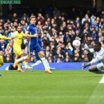 Brentford’s Danish midfielder Christian Eriksen scores past Chelsea’s French-born Senegalese goalkeeper Edouard Mendy (R) during the English Premier League football match between Chelsea and Brentford at Stamford Bridge in London on April 2, 2022. Glyn KIRK / AFP