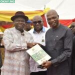 R-L: Managing Director, The Shell Petroleum Development Company of Nigeria Limited (SPDC) and Country Chair, Shell Companies in Nigeria, Osagie Okunbor; Shell Corporate Relations Manager, Evans Krukrubo; and Governor of Bayelsa State, Senator Douye Diri, at the inauguration of the SPDC-sponsored Oloibiri Health Programme in Oloibiri, Ogbia Local Government area of Bayelsa State on May 19th, 2022.