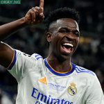 Real Madrid’s Brazilian forward Vinicius Junior celebrates scoring the opening goal during the UEFA Champions League final football match between Liverpool and Real Madrid at the Stade de France in Saint-Denis, north of Paris, on May 28, 2022. JAVIER SORIANO / AFP