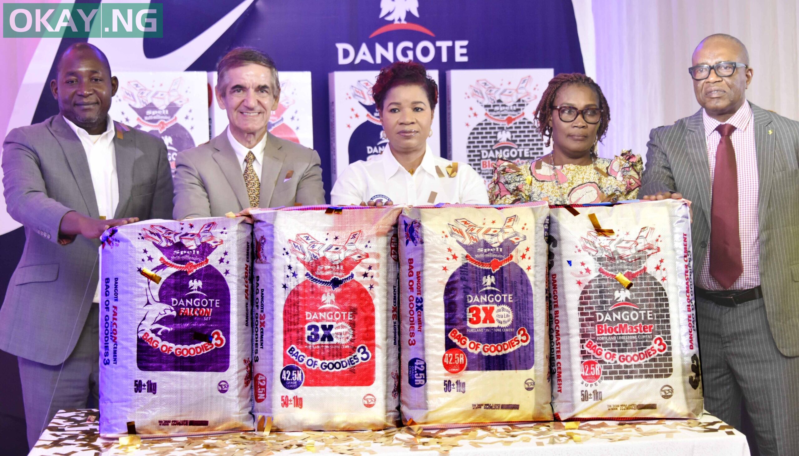 L-R: Group Sales and Marketing Director, Dangote Cement Plc, Rabiu Umar; Group Managing Director/CEO, Dangote Cement Plc, Michel Puchercos; National Sales Director, Dangote Cement Plc, Funmi Sanni; Head of Lagos Office Federal Competition, Consumer Protection Commission, Susie Onwuka, Representative of the Director-General National Lottery Regulatory Commission (NLRC) /Deputy Director Licensing and Regulatory, Obi Iregbu; at the Dangote Cement Plc, Media Launch of Bag of Goodies Season 3 Consumer Promotion, in Lagos. July 5, 2022.