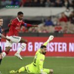 Marcus Rashford (C) of Manchester United scores a goal during the exhibition football match between English Premier League team Manchester United and Melbourne Victory at the Melbourne Cricket Ground on July 15, 2022, in Melbourne. (Photo by Martin KEEP / AFP)