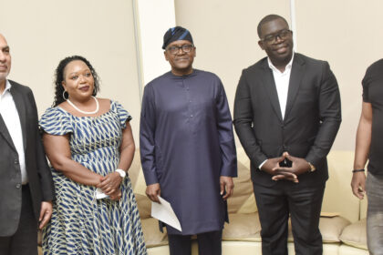 L-R, Dangote Cement Zambia, CEO, Vipul Agrawal, Dangote Cement Zambia, Director, Lynda Mataka, President/CE of Dangote Industries limited, Aliko Dangote, Zambia Minister of Commerce, Trade & Trade: Chipoka Mulenga, Zambia High Commissioner to Nigeria, Oscar Shitima, During the Zambia Minister Visit the President/CE of Dangote Industries Limited, in his Residence, Victoria Island Lagos, on Saturday 20, August 2022