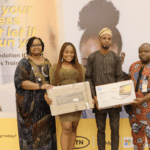 L-R; General Manager, Corporate Affairs, MTN Nigeria, Omasan Ogisi; Equipment grant recipients, Abisola Bakare and Abidoye Olaniyan, and Senior Manager, Regional Coordination, Network Group, MTN Nigeria, David Melaiye presenting the equipment grant to participants of the MTN Foundation ICT & Business Skills training at the MTN head office in Lagos State, on Friday 26, 2022.
