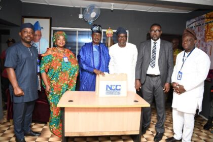 L-R: Mr. Kunle Olorundare,, Principal Manager, Technical Standard and Network Integrity, Nigerian Communications Commission (NCC); Ms. Mistura Aruna, Head, Consumer Information and Education, NCC; Chief, Ademola Odunade, the Ayingun Olubadan of Ibadanland; Prof Adewolu Akande, Chairman, Board of Commissioners, NCC; Mr. Efosa Idehen, Director, Consumer Affairs Bureau, NCC and Mr. Akanbi Akinwale, Principal Manager, Ibadan Zonal Office NCC, during the 3rd Village Square Dialogue with telecom consumers held in Ibadan recently.