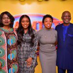 L-R: Acting Chief Digital Officer, MTN Nigeria, Aisha Umar Mumuni; actress and host, Family Feud Nigeria, Bisola Aiyeola; Chief Marketing Officer, MTN Nigeria, Adia Sowho and CEO, Ultima Studios, Femi Ayeni, at the unveiling of Family Feud Nigeria show sponsored by MTN Nigeria at MTN Nigeria Headquarters, Lagos on Wednesday, August 24, 2022.