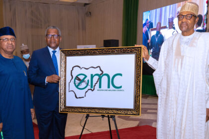 L-R; Minister of Health, Dr Osagie Ehanire, Chairman of the Nigeria End Malaria Council (NEMC) and President of Dangote Group, Alhaji Aliko Dangote and President Muhammadu Buhari during the inauguration/Launch of the Nigeria End Malaria (NEMC) held at the Presidential Banquet Hall, State House, Abuja. PHOTO; SUNDAY AGHAEZE. AUG 16TH 2022