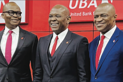 L-R: Former Group Managing Director/Chief Executive Officer, United Bank for Africa, Mr Kennedy Uzoka; Group Chairman, Mr Tony Elumelu; and the new Group Managing Director/CEO, Mr Oliver Alawuba, during the announcement of the new GMD and Executive Directors for UBA Group in Lagos…on Monday. Photo: UBA
