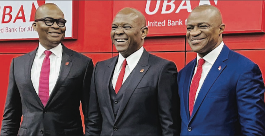 L-R: Former Group Managing Director/Chief Executive Officer, United Bank for Africa, Mr Kennedy Uzoka; Group Chairman, Mr Tony Elumelu; and the new Group Managing Director/CEO, Mr Oliver Alawuba, during the announcement of the new GMD and Executive Directors for UBA Group in Lagos…on Monday. Photo: UBA