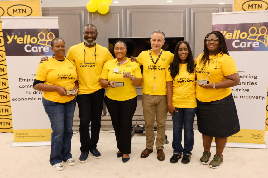 L-R: Recipient, Y'ello Care 2022 Champion award, Oluwaseun Sokoya; Chief Corporate Services Officer, MTN Nigeria, Tobechukwu Okigbo; Project Coordinator, MTN Y'ello Care 2022, Obianuju Otudor; Chief Operating Officer, MTN Nigeria, Hassan Jaber; Executive Secretary, MTN Foundation, Odunayo Sanya and representative, Best divisional project, Y'ello Care 2022, Olatorera Phillips-Ojewumi, at the 2022 Y'ello Care closing ceremony, held at the MTN headquarters, Ikoyi Lagos, on August 5, 2022.