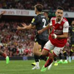 Arsenal’s Brazilian midfielder Gabriel Martinelli celebrates scoring the team’s second goal during the English Premier League football match between Arsenal and Aston Villa at the Emirates Stadium in London on August 31, 2022. (Photo by ADRIAN DENNIS / AFP)