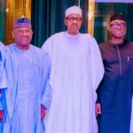 President Muhammadu Buhari, President, Federal Republic of Nigeria (Middle) Abdul Samad Rabiu, Founder & Executive Chairman, BUA Group (Left), and Niyi Adebayo, Nigerian Minister of Industry, Trade and Investment (Right) during the visit of Abdul Samad Rabiu and BUA Group Management Team, to the State House in Abuja, today.