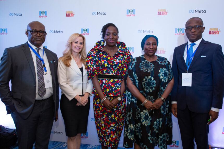 L-R: Josiah Emerole, Director Public Enlightenment, National Agency for the Prohibition of Trafficking in Persons ( NAPTIP); Emily Vacher, Director, Trust & Safety, Meta; Dr. Fatima Waziri-Azi, Director General, NAPTIP; Adaora Ikenze, Head of Public Policy for Anglophone West Africa, Meta; Laolu Akande, Senior Special Assistant on Media and Publicity to the Vice President of Nigeria during the official launch of AMBER Alert on Facebook and Instagram in Nigeria by Meta in partnership with NAPTIP at Transcorp Hilton hotel, Abuja on Wednesday, 28th September 2022.