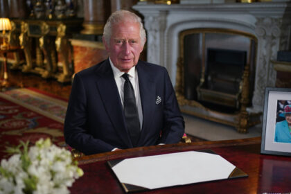 Britain’s King Charles III makes a televised address to the Nation and the Commonwealth from the Blue Drawing Room at Buckingham Palace in London on September 9, 2022, a day after Queen Elizabeth II died at the age of 96. (Photo by Yui Mok / POOL / AFP)