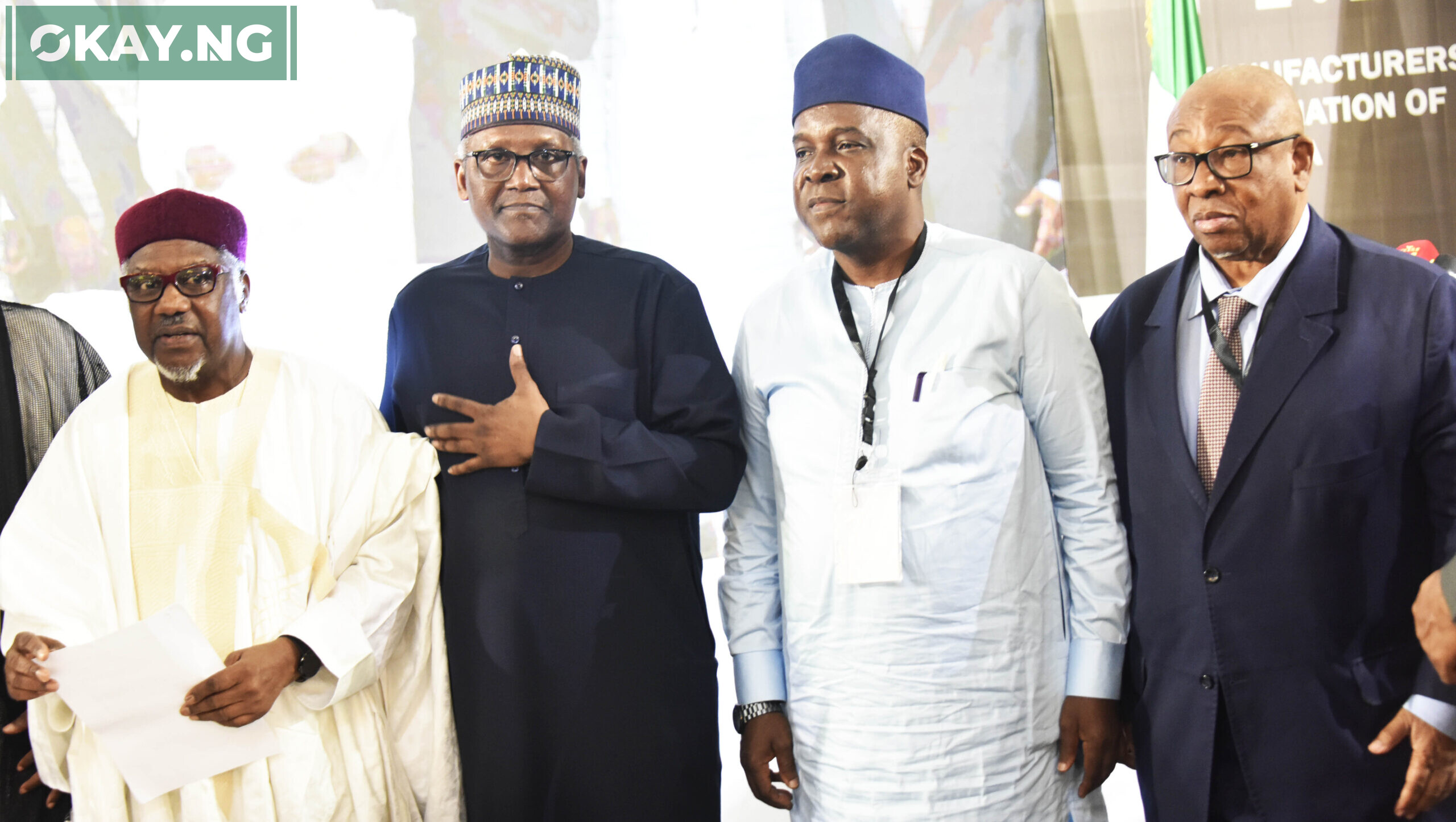 L-R: Engr. Mansur Ahmed, President, Manufacturers Association of Nigeria (MAN); Aliko Dangote, President/CE, Dangote Industries Limited (Guest lecturer); Adewale Bakare, Director, Industrial Development Directorate, representing the Minister of Industry, Trade and Investment and Ousseine Diallo, Secreterie Executif de la, FOPAO, Côte d'Ivoire during 50th Annual General Meeting (AGM) of Manufacturers Association of Nigeria and 2nd Adeola Odutola Lecture and Presidential Luncheon in Lagos on Tuesday, October 18, 2022