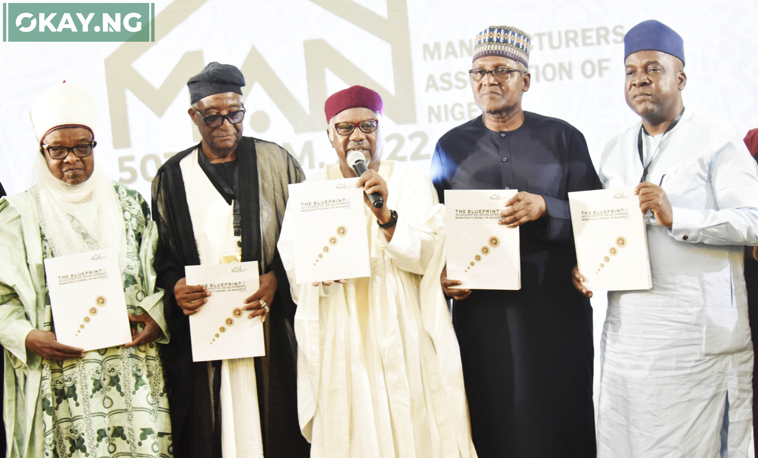 L-R: Ambassador Hassan Adamu, (Wakili Adamawa), former President of Manufacturers Association of Nigeria; Senator Walid Jibrin, a guest; Engr. Mansur Ahmed, President, Manufacturers Association of Nigeria (MAN); Aliko Dangote, President/CE, Dangote Industries Limited, (Guest lecturer); Adewale Bakare, Director, Industrial Development Directorate, representing the Minister of Industry, Trade and Investment during the presentation of the Blueprint for the Acceleration Development of Manufacturing in Nigeria 2.0)launched at the 50th Annual General Meeting (AGM) of Manufacturers Association of Nigeria and 2nd Adeola Odutola Lecture and Presidential Luncheon in Lagos on Tuesday, October 18, 2022