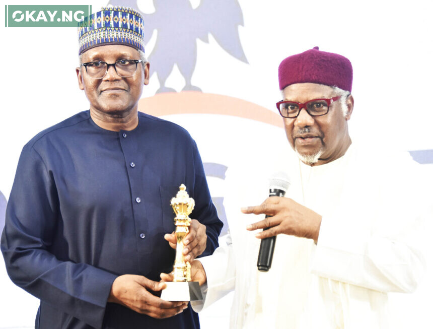 L-R: Aliko Dangote, President/CE, Dangote Industries Limited, (Guest lecturer) receiving an award from Engr. Mansur Ahmed, President, Manufacturers Association of Nigeria (MAN) during 50th Annual General Meeting (AGM) of Manufacturers Association of Nigeria and 2nd Adeola Odutola Lecture and Presidential Luncheon in Lagos on Tuesday, October 18, 2022