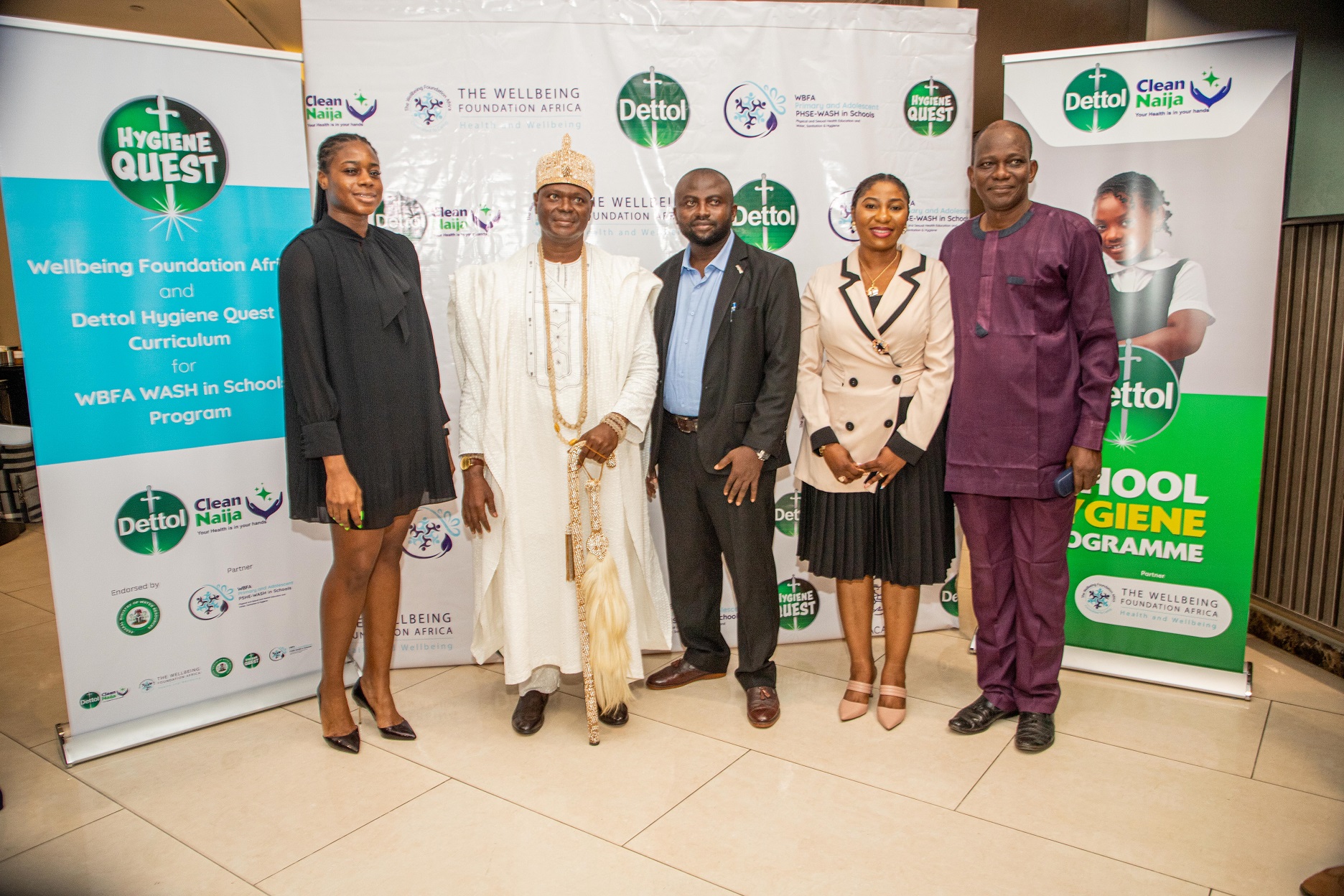 L-R: Category Manager, Reckitt, Zara Adoki; His Royal Majesty, Oba Ghalib Adeniyi Olojo of Ojo Kingdom; National Programs Lead, Wellbeing Foundation Africa Dr Franco Apiyanteide,; Head of External Communications and Partnerships, Reckitt Sub-Saharan Africa, Cassandra Uzo-Ogbugh; Representative of the Permanent Secretary, Lagos State Primary Healthcare Board, Dr Obasanya Adeola.