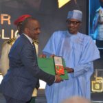 Director General, Nigerian Maritime Administration and Safety Agency (NIMASA) Dr Bashir Jamoh OFR, receiving his medallion as Officer of the Federal Republic (OFR) from President Muhammadu Buhari.