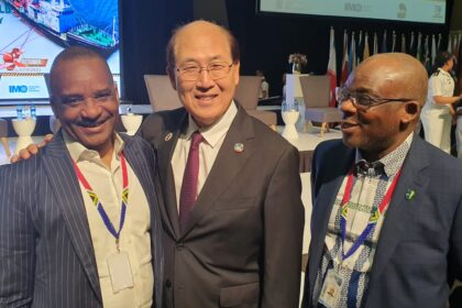 IMO Secretary-General Mr Kitack Lim (middle) embraces the NIMASA DG, Dr. Bashir Jamoh, OFR, as Nigeria's Alternate Permanent Representative (APR) to the IMO, Abdul Dirisu looks on during World Maritime Day Parallel Event held in Durban, South Africa.