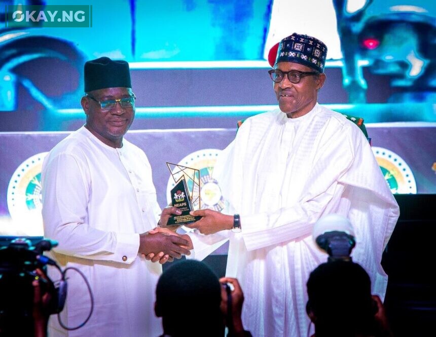 Mr. Muhammad Nami, Executive Chairman, FIRS receives Nigeria Excellence Award In Public Service for Fiscal Reforms from President Muhammadu Buhari, at the State House Conference Centre, Presidential Villa, Abuja. [October 21, 2022]