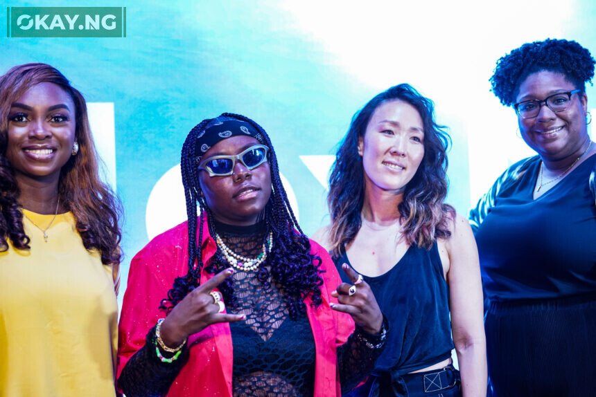 Oluwasola Obagbemi, Corporate Comms Manager for Anglophone West Africa at Meta; Teni the Entertainer, headline artist; Anna Lee, International Marketing Manager at Meta and Malika Touré, Communications Manager - Francophone Africa at Meta, during the #FlexNaija mixed reality event in Lagos